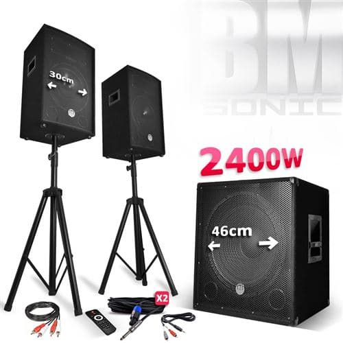 BM Sonic Pack sonorisation BMS1812-USB-BT Sub 18" + 2 Enceintes 12" + Pieds + Câbles + Tél -